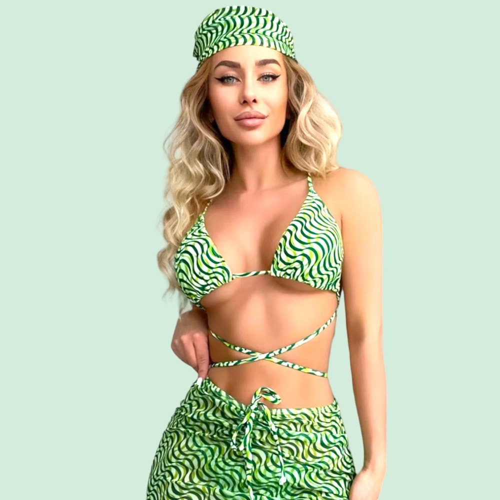 3pc Ripple Print Skirt Bikini Sets Rave Outfit Music Festival Costume NWT Large